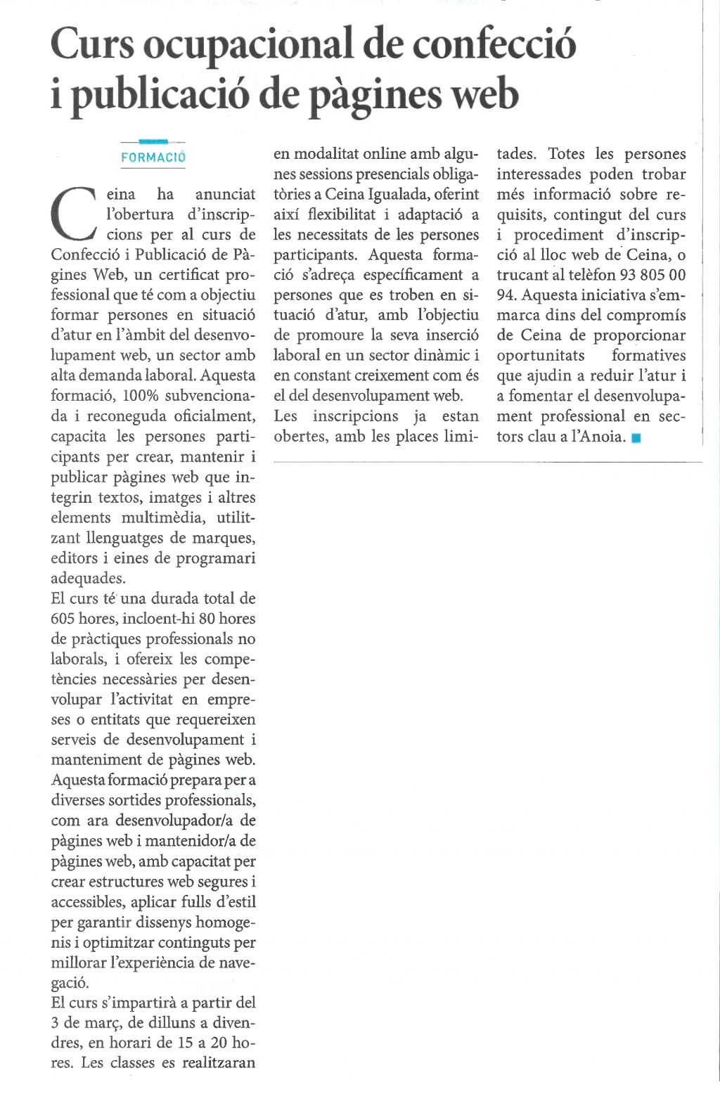 Curs ocupacional de confecció i publicació de pàgines web