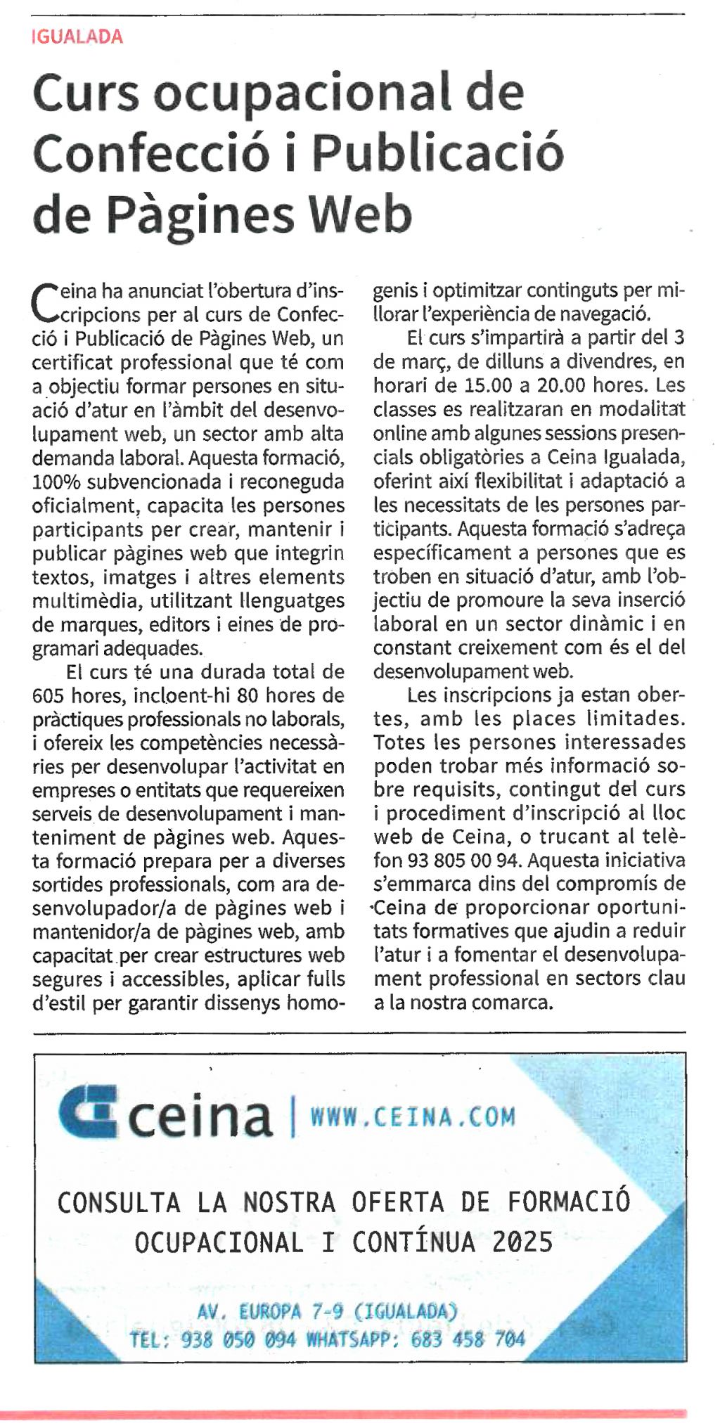 Curs ocupacional de confecció i publicació de pàgines web