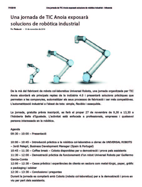 Una jornada de TIC Anoia exposarà solucions de robòtica industrial   Infoanoia